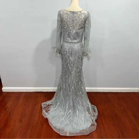 CINDERELLA DIVINE Fitted Long Glitter Evening Dress With Feathers Sleeves - Picture 10 of 16